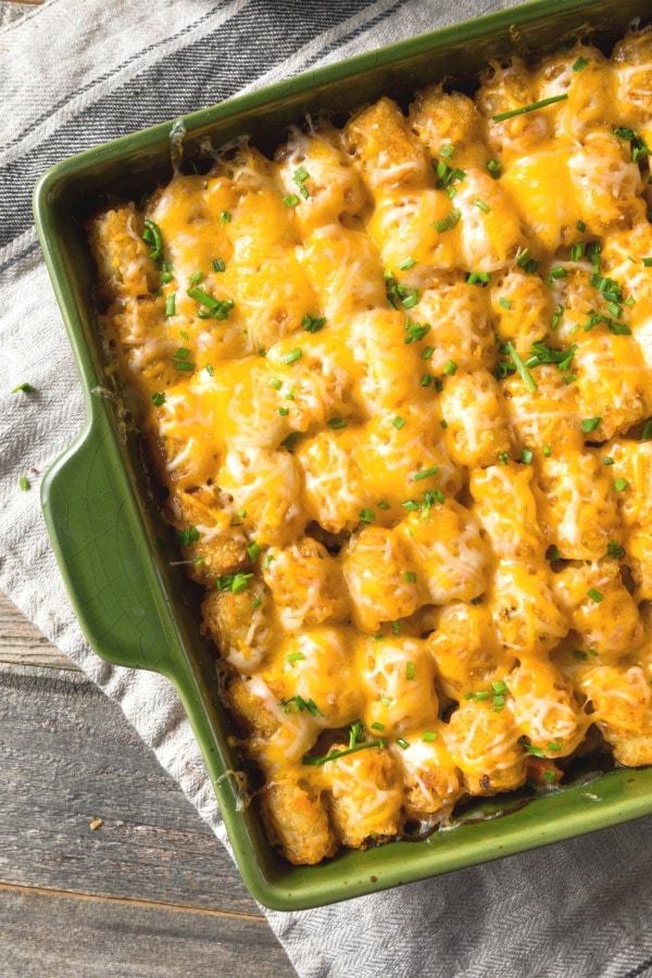 Homemade Tater Tot Hotdish Casserole with Beef and Cheese