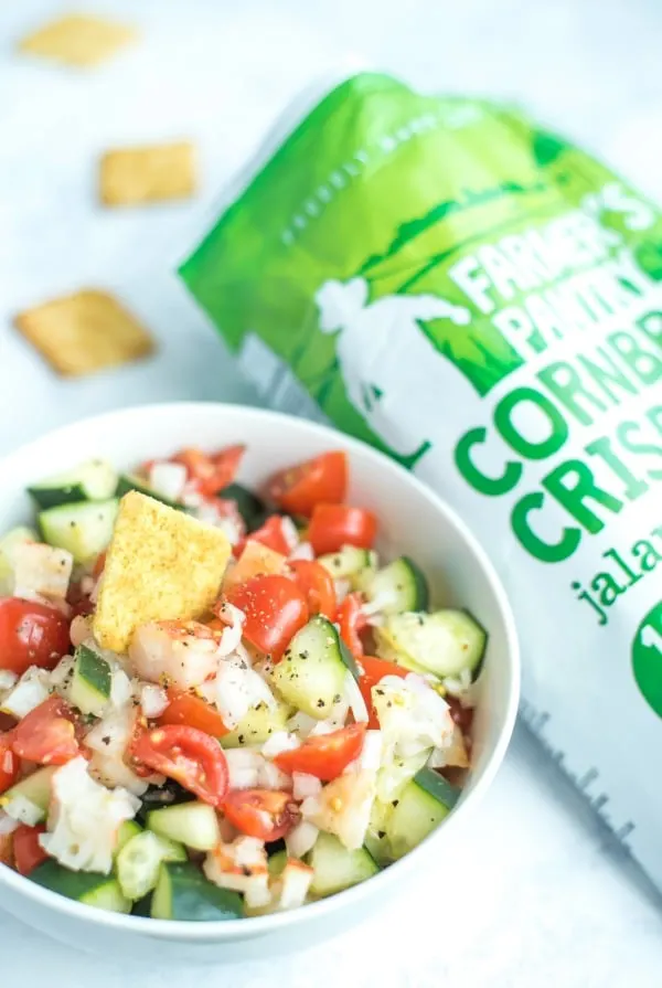 Spicy shrimp and avocado dip served with cornbread crisps.