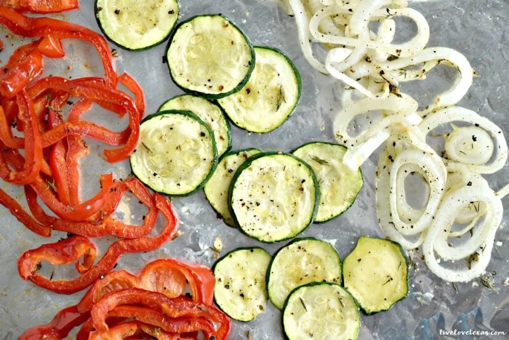 Roasted peppers, onions, and zucchini for grilled cheese sandwiches.