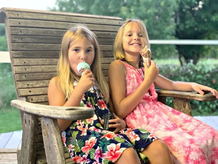 Two girls eating ice cream at the Sugar Shack Bastrop Texas
