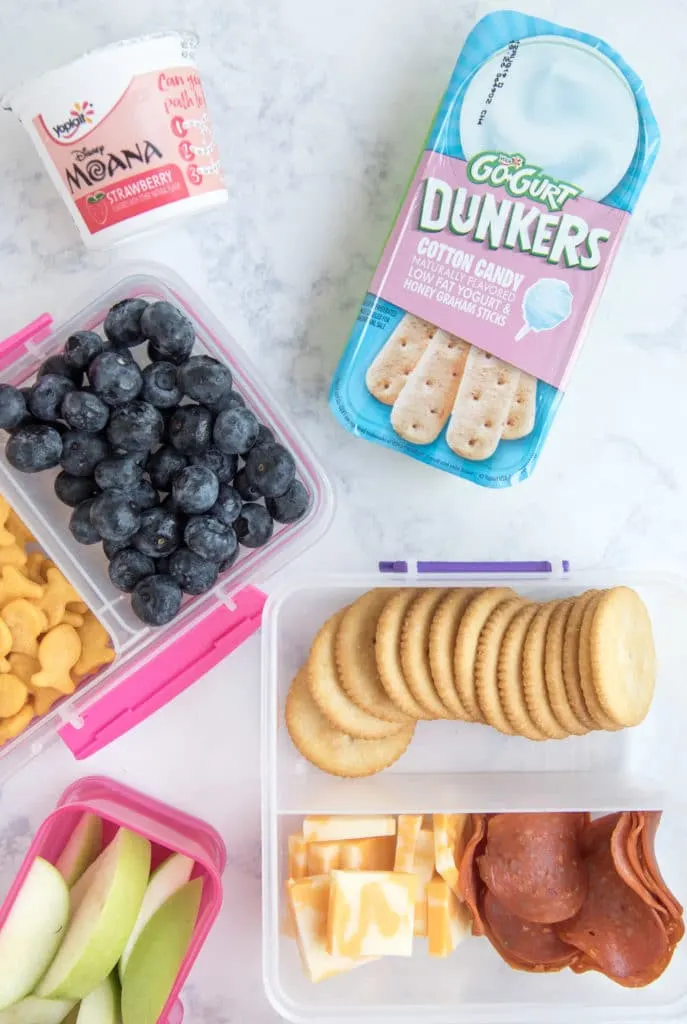 Lunch Ideas for Kids: pepperoni, cheese, fruit, yogurt in bento boxes