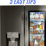 How to Clean Your Fridge in 5 Easy Steps text overlay on top of LG Instaview Refrigerator