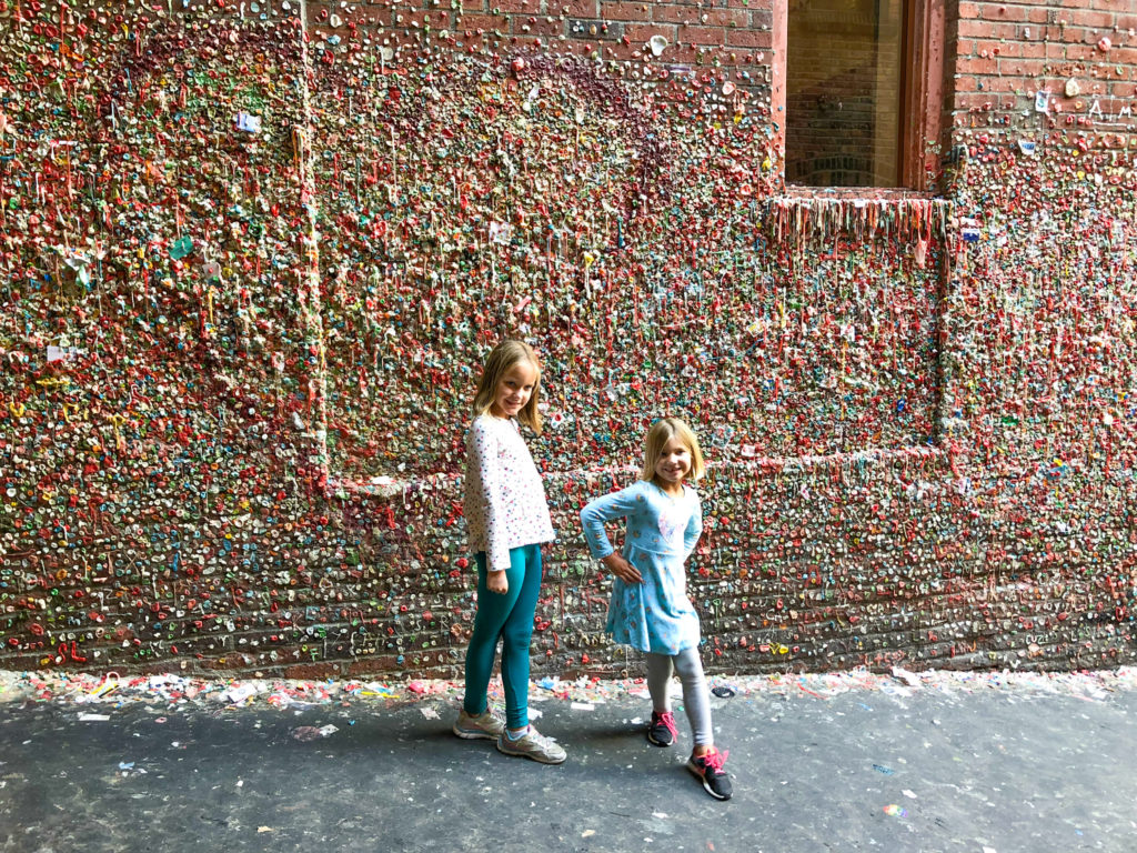 Sisters in front of Seattle Gum Wall