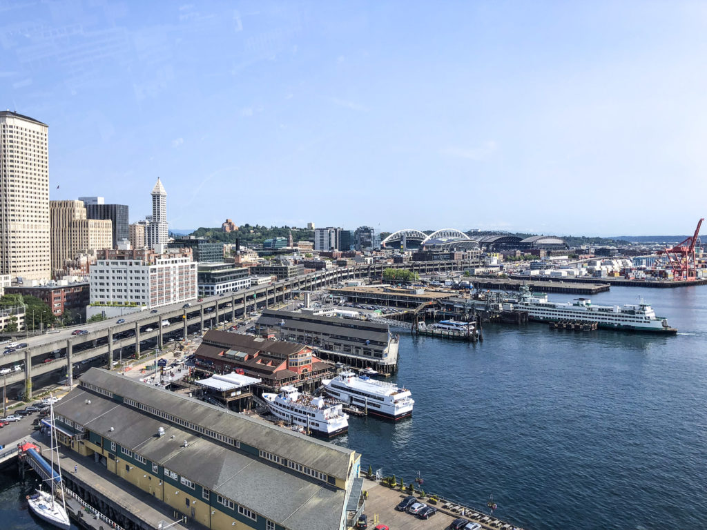 View of Centurylink Field and Mount Rainier from the Great Wheel in Seattle