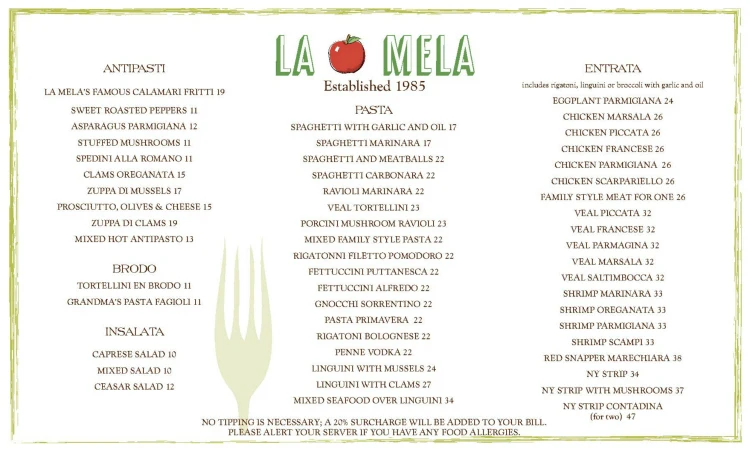 La Mela restaurant menu