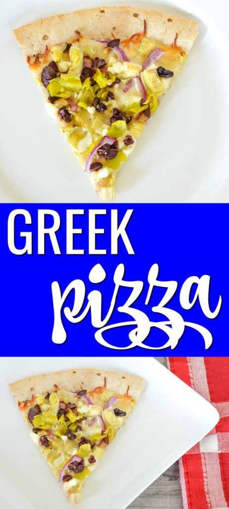 Greek pizza on white plate with napkin on wood table