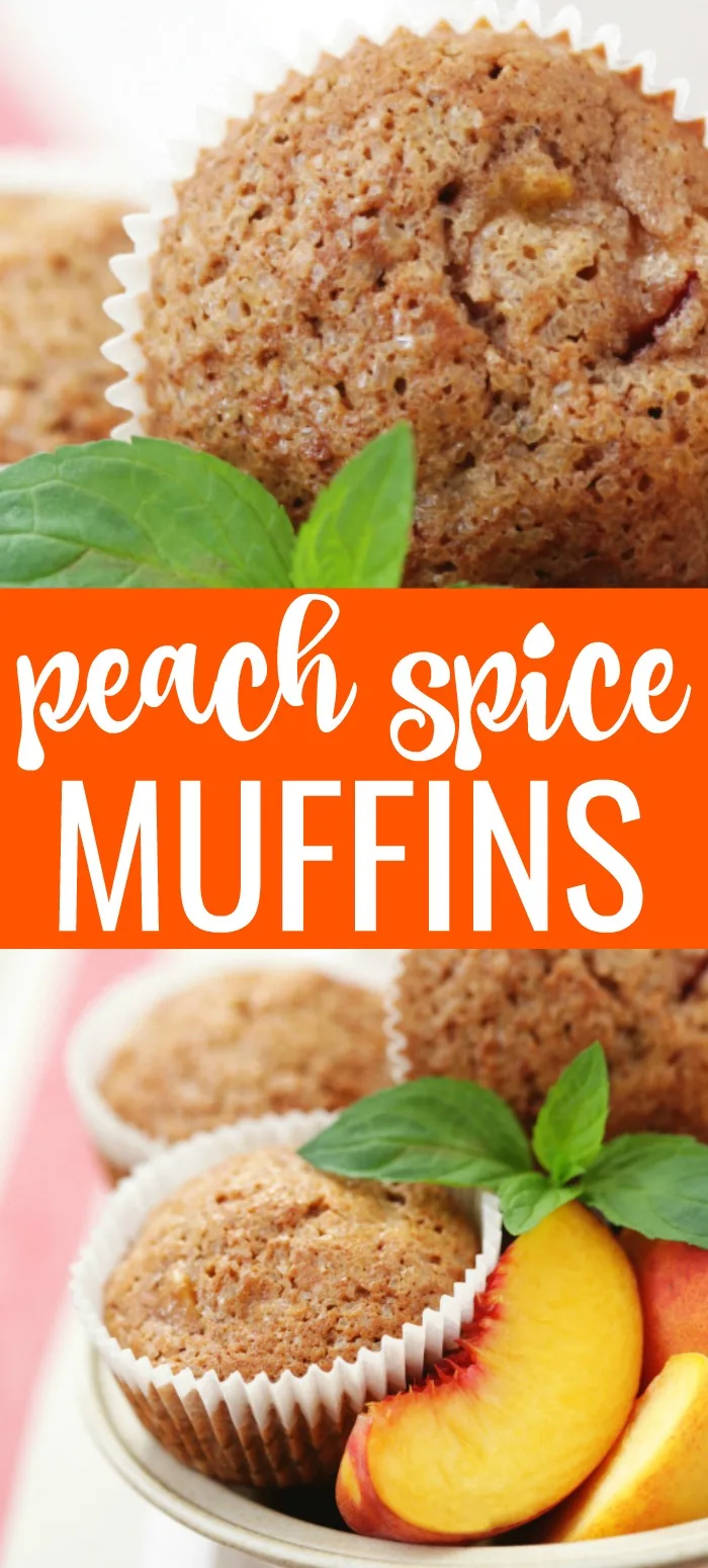 Peach spice muffins on a plate with fresh peaches and text overlay
