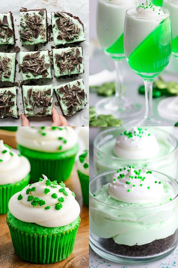 Collage of four green dessert recipes for St Patricks Day or Christmas