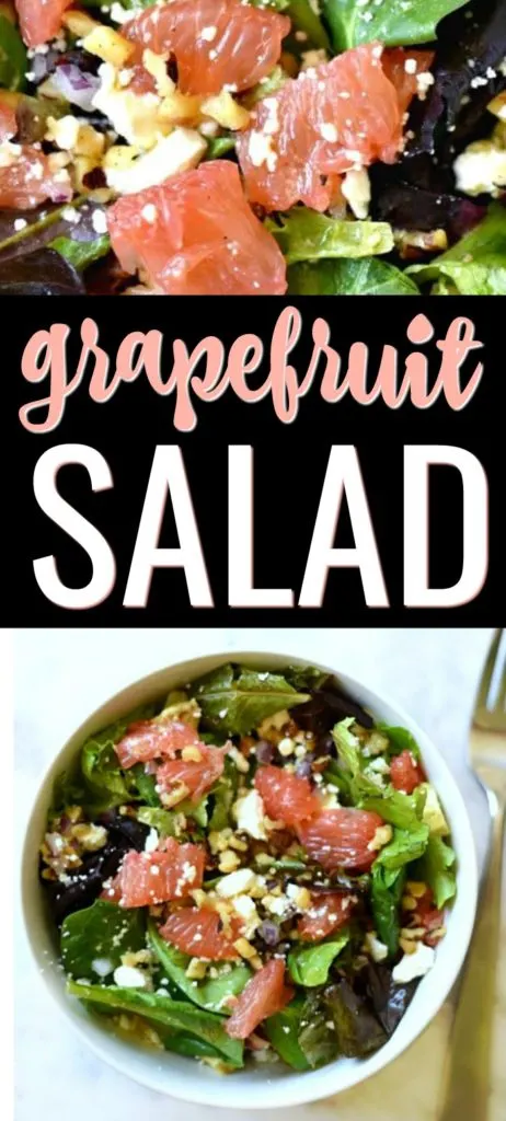 Green salad topped with grapefruit, onions, feta cheese, and walnuts topped in a white bowl.