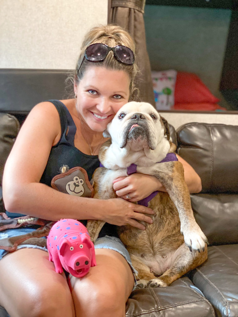 dog mom and bulldog holding dog toys